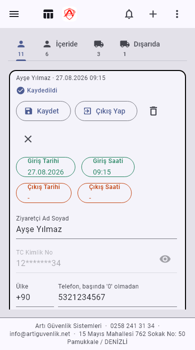 Ziyaret kaydı formu — telefonda tek sütun